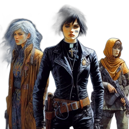 comic book art, concept art, fantasy art, cyberpunk, dark, three, women, different transparent PNG cut-out