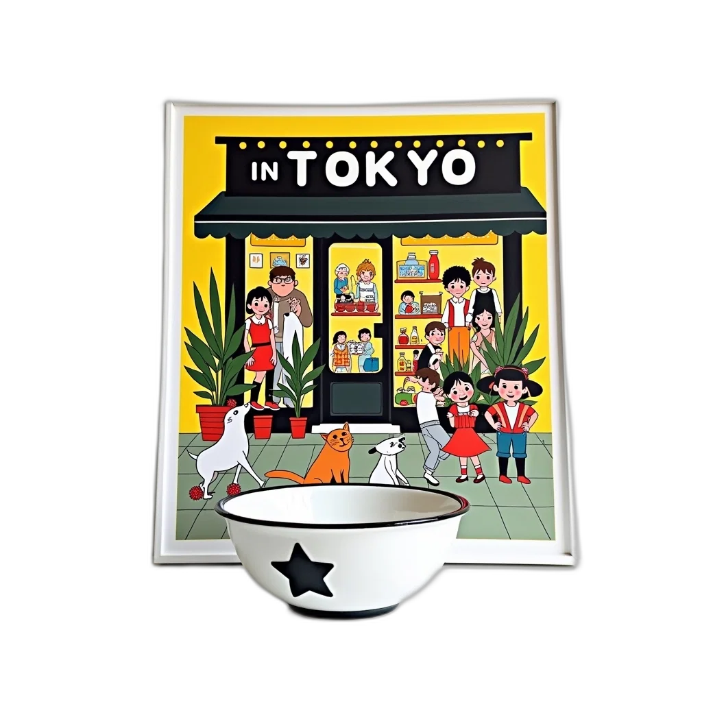 city street, white, ceramic, bowl, black, design, sits, surface transparent PNG cut-out