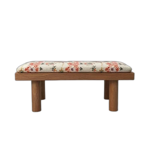 furniture, 3d render, wooden, bench, floral, patterned, fabric, top transparent PNG cut-out