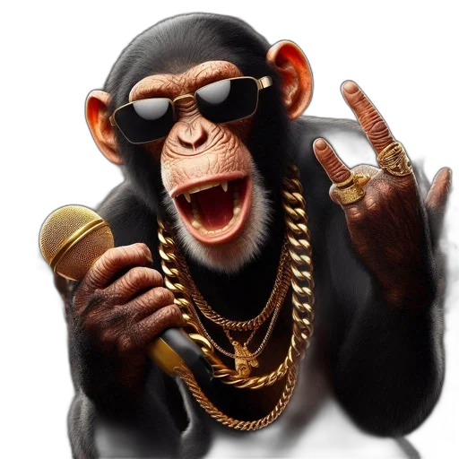 jewelry, animal, photorealistic, concept art, chimpanzee, adorned, gold, chains transparent PNG cut-out