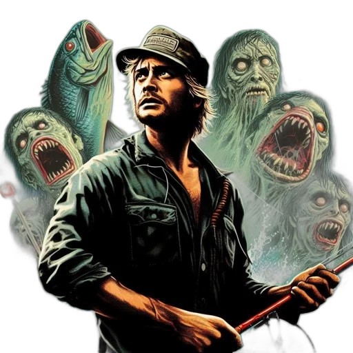 creature, comic book art, concept art, man, boat, shocked, grotesque, glowing transparent PNG cut-out