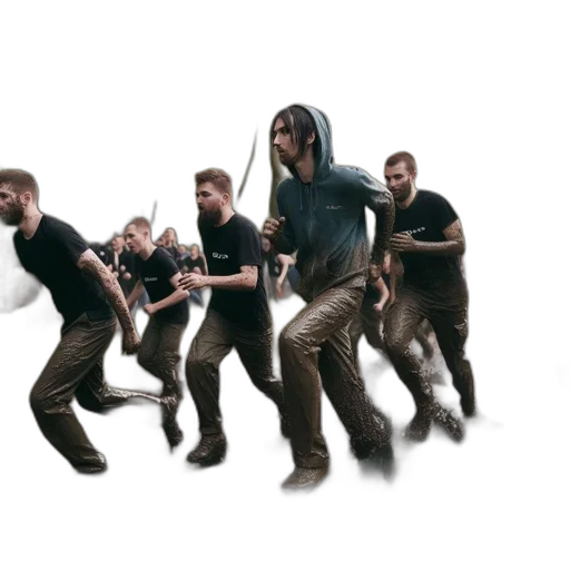 staff, concept art, 3d render, men, covered, mud, run, through transparent PNG cut-out