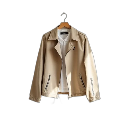 jacket, earth tones, beige, zipper, hanging, wooden, hanger, against transparent PNG cut-out