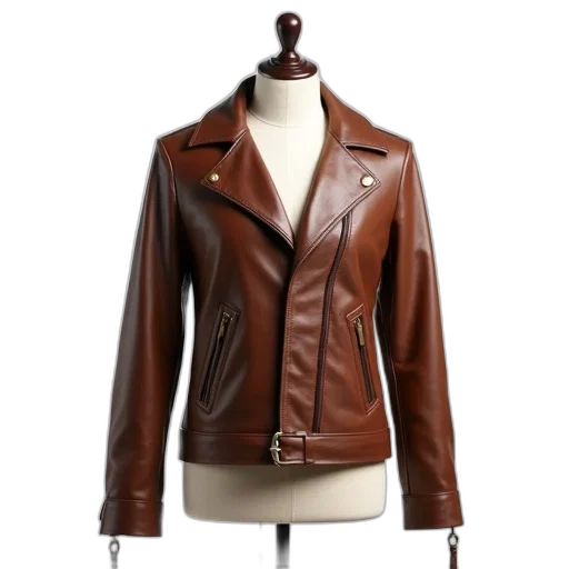 jacket, earth tones, brown, leather, displayed, mannequin, has, zipper transparent PNG cut-out