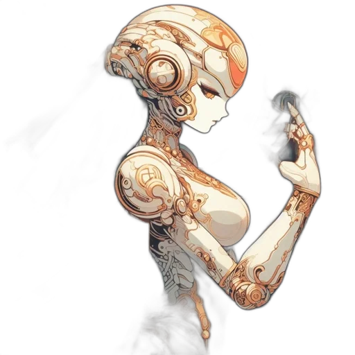 robot, dress, weapon, concept art, cyberpunk, fantasy art, pixel art, golden transparent PNG cut-out