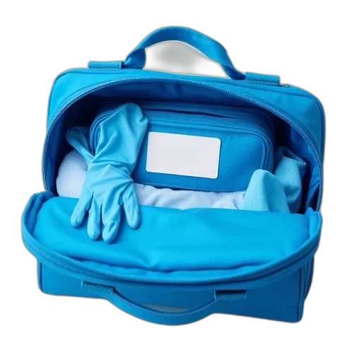 jacket, blue, medical, bag, open, revealing, pair, gloves transparent PNG cut-out