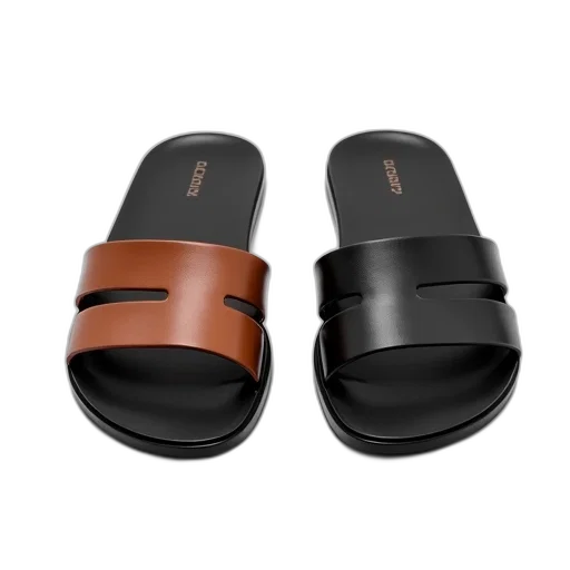 shoes, 3d render, pair, black, sandals, brown, strap, left transparent PNG cut-out