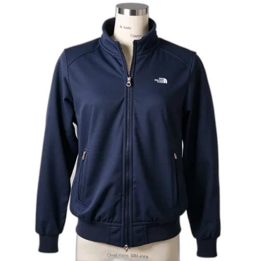 jacket, navy, blue, zip-up, front, collar, displayed, against transparent PNG cut-out