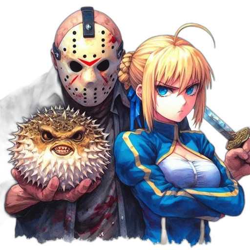 mask, concept art, fantasy art, pixel art, comic book art, blue, two, characters transparent PNG cut-out