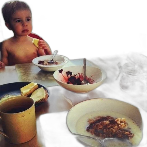 food, child, sits, table, bowls, cereal, cup, coffee transparent PNG cut-out