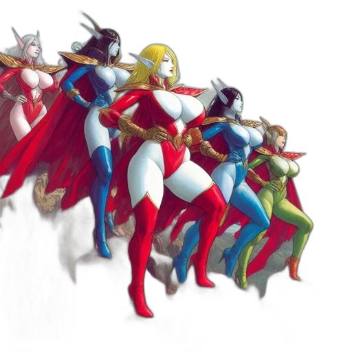 concept art, comic book art, fantasy art, 3d render, five, distinctive, female, characters transparent PNG cut-out