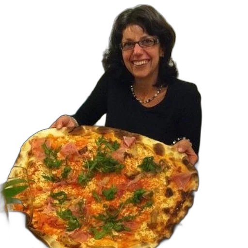food, woman, black, shirt, holds, large, pizza, ham transparent PNG cut-out