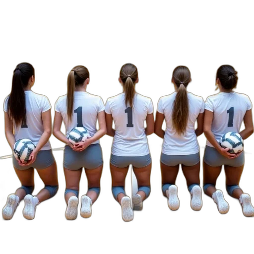 photorealistic, group, five, female, volleyball, players, kneeling, wooden transparent PNG cut-out