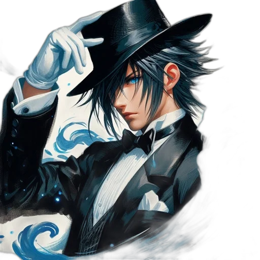 hat, staff, fantasy art, concept art, photorealistic, anime, blue, monochrome transparent PNG cut-out