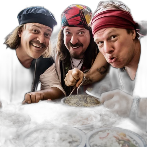 staff, food, three, men, colorful, outfits, possibly, reminiscent transparent PNG cut-out