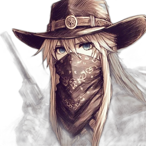 hat, mask, face, weapon, fantasy art, concept art, anime, photorealistic transparent PNG cut-out