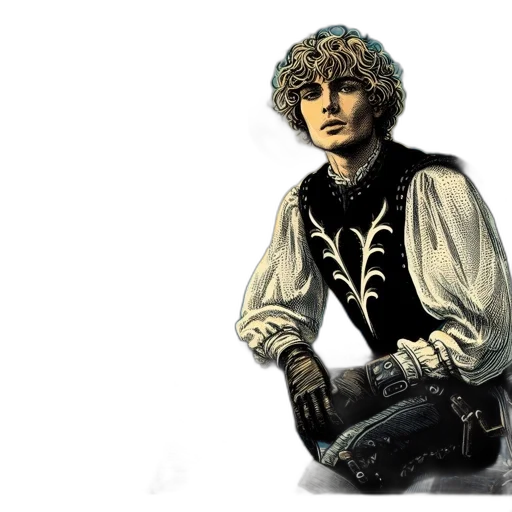 jacket, sword, concept art, fantasy art, comic book art, pixel art, monochrome, young transparent PNG cut-out