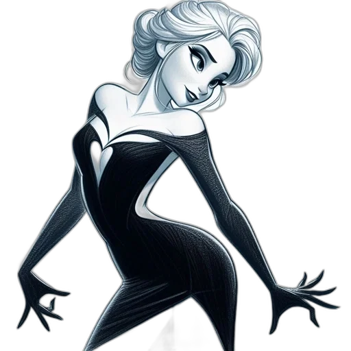 dress, cartoon, comic book art, concept art, fantasy art, monochrome, elegantly, depicted transparent PNG cut-out
