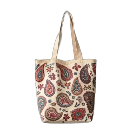beige, tote, bag, colorful, paisley, pattern, hanging, white transparent PNG cut-out