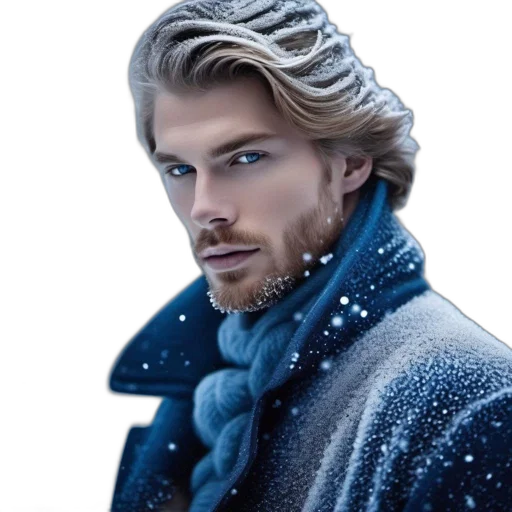 hair, jacket, photorealistic, fantasy art, snow, man, wavy, snow-dusted transparent PNG cut-out