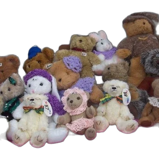 group, stuffed, animals, including, teddy, bears, bunnies, displayed transparent PNG cut-out