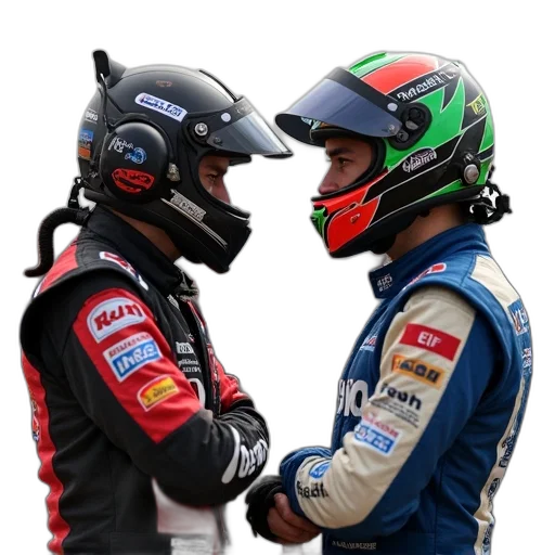 man, wearing, racing, suit, helmet, standing, next, another transparent PNG cut-out