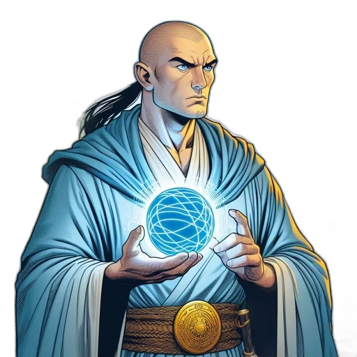 staff, comic book art, concept art, fantasy art, bald, man, wearing, blue transparent PNG cut-out