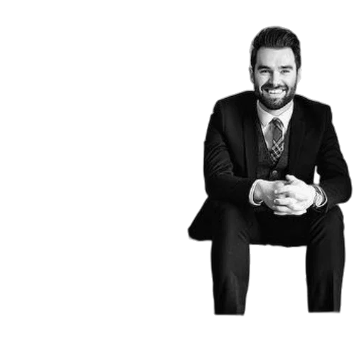 staff, black-and-white, photo, two, individuals, sitting, couch, one transparent PNG cut-out
