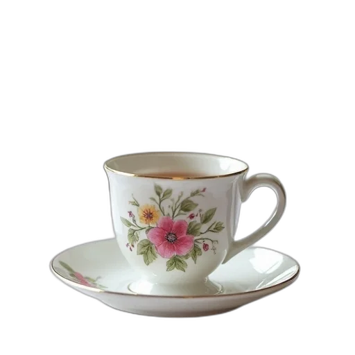 flower, 3d render, photorealistic, white, ceramic, teacup, floral, pattern transparent PNG cut-out