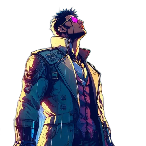 jacket, mask, robot, face, cyberpunk, comic book art, concept art, anime transparent PNG cut-out