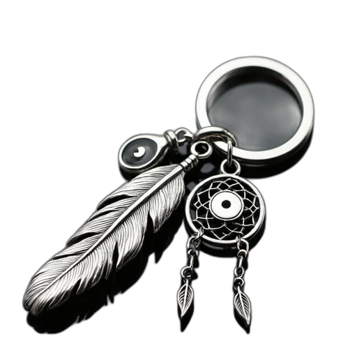 jewelry, staff, weapon, silver, keychain, feather, yin-yang, symbol transparent PNG cut-out