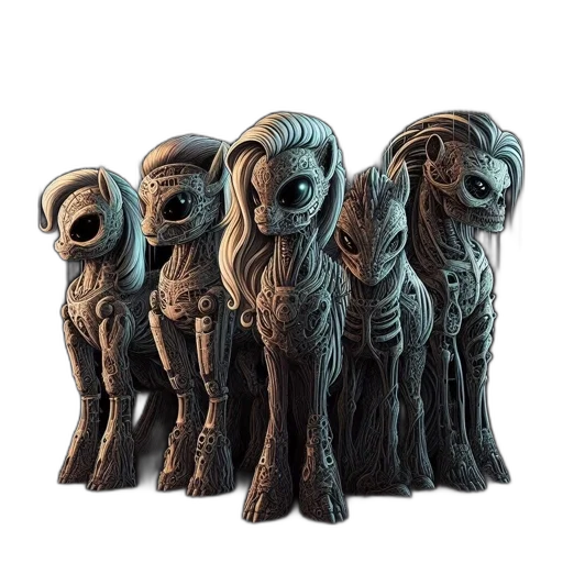 mask, 3d render, concept art, fantasy art, five, horse-headed, creatures, elaborately transparent PNG cut-out