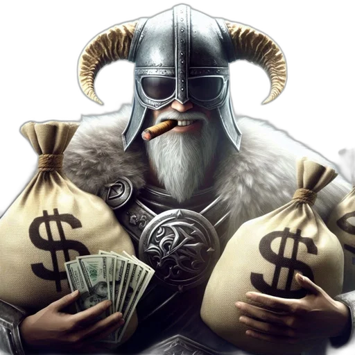 concept art, fantasy art, viking-like, figure, holds, bags, money, cigar transparent PNG cut-out