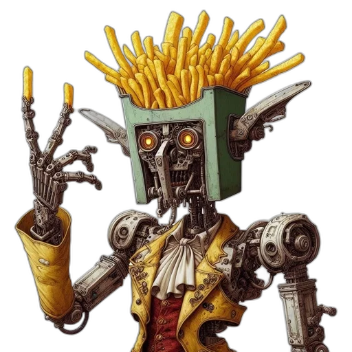 robot, staff, food, concept art, 3d render, fantasy art, pixel art, steampunk-inspired transparent PNG cut-out