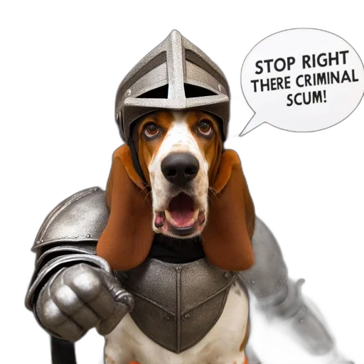 basset, hound, dressed, medieval, knight, costume, complete, silver transparent PNG cut-out