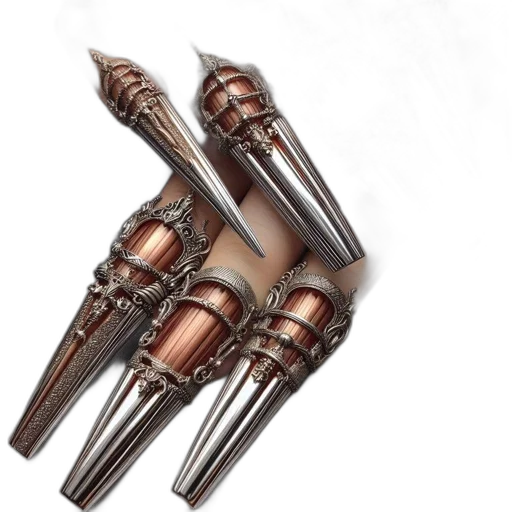 weapon, jewelry, sword, crown, 3d render, intricate, metallic, nails transparent PNG cut-out