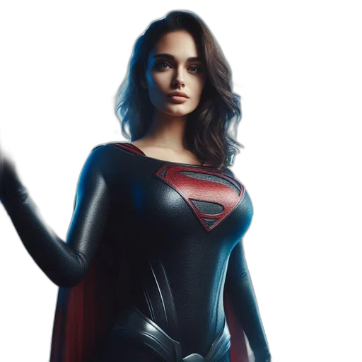 comic book art, concept art, woman, dressed, supergirl-like, costume, stands, against transparent PNG cut-out