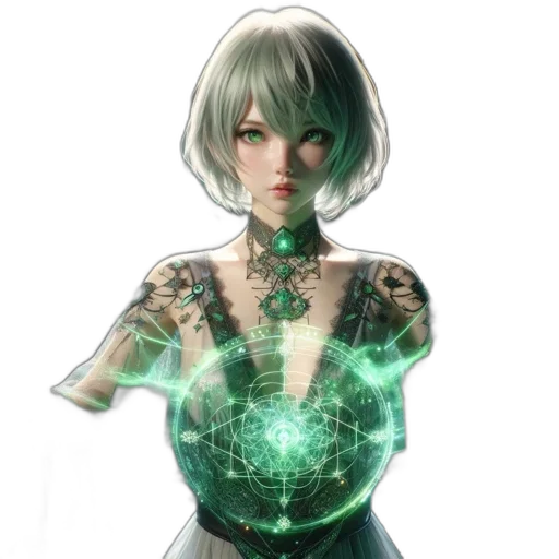 robot, dress, jewelry, staff, concept art, cyberpunk, fantasy art, 3d render transparent PNG cut-out