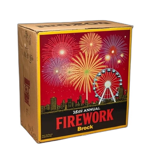 cardboard, box, vibrant, red, yellow, design, featuring, fireworks transparent PNG cut-out