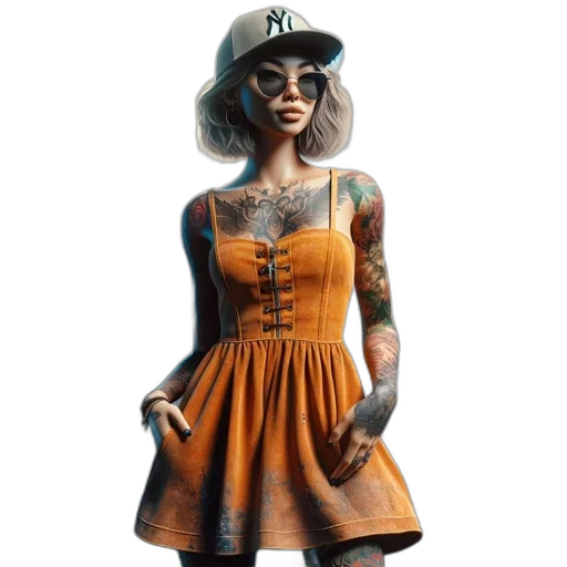 dress, 3d render, concept art, fantasy art, photorealistic, earth tones, tattooed, female transparent PNG cut-out