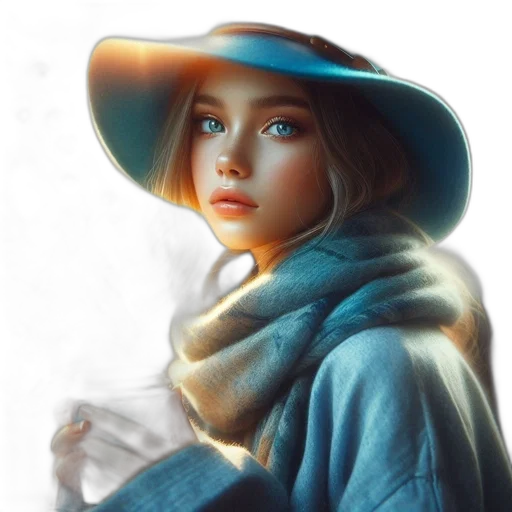 hat, face, jacket, dress, photorealistic, fantasy art, oil painting, concept art transparent PNG cut-out