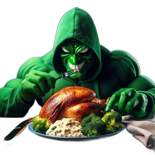 food, animal, figure, green, hooded, costume, wields, fork transparent PNG cut-out