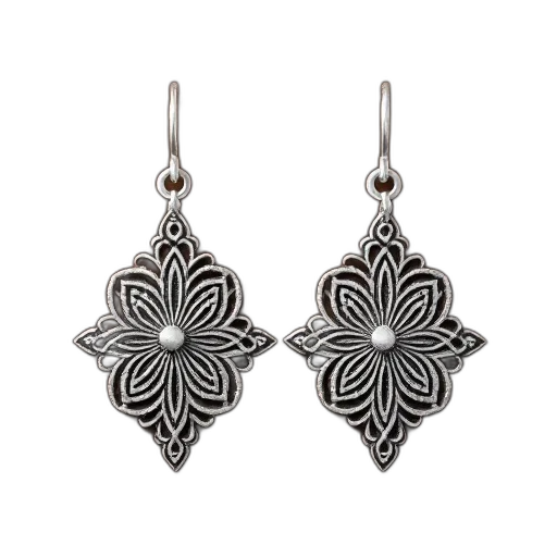jewelry, monochrome, pair, silver, earrings, detailed, floral, design transparent PNG cut-out