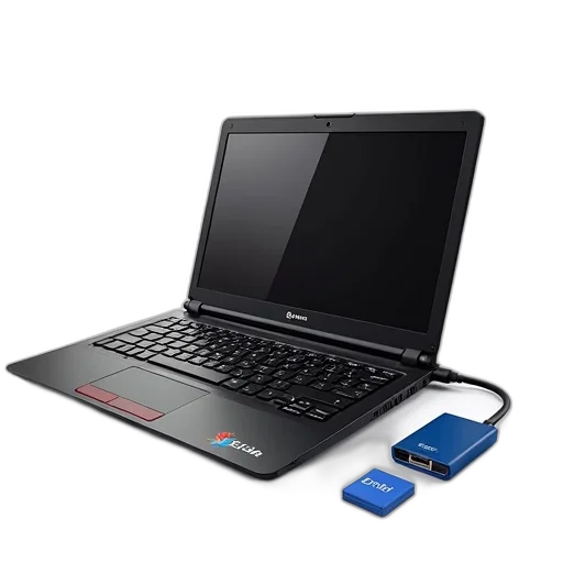 3d render, black, laptop, keyboard, blue, usb, connector, displayed transparent PNG cut-out