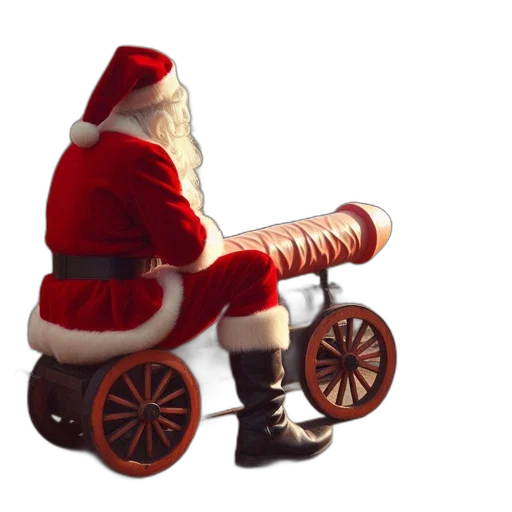santa, claus, figure, perches, miniature, cannon-like, ride, gazing transparent PNG cut-out