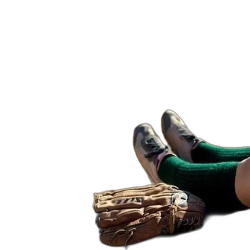 shoes, green, baseball, glove, sits, bench, between, two transparent PNG cut-out