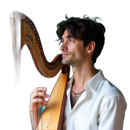 staff, photorealistic, man, dark, hair, holding, harp, wearing transparent PNG cut-out