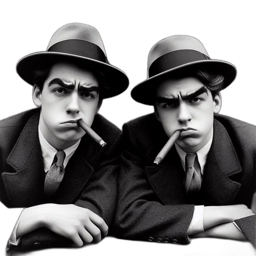 hat, photorealistic, cartoon, concept art, two, young, men, dressed transparent PNG cut-out