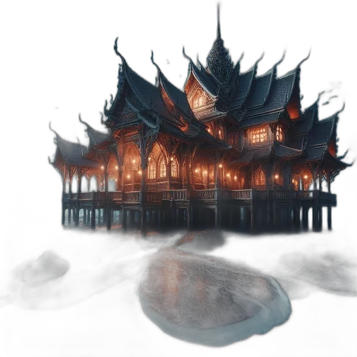 building, concept art, fantasy art, 3d render, watercolor, fog, night, underwater transparent PNG cut-out