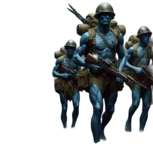 concept art, fantasy art, 3d render, comic book art, blue, pastel, blue-skinned, soldiers transparent PNG cut-out